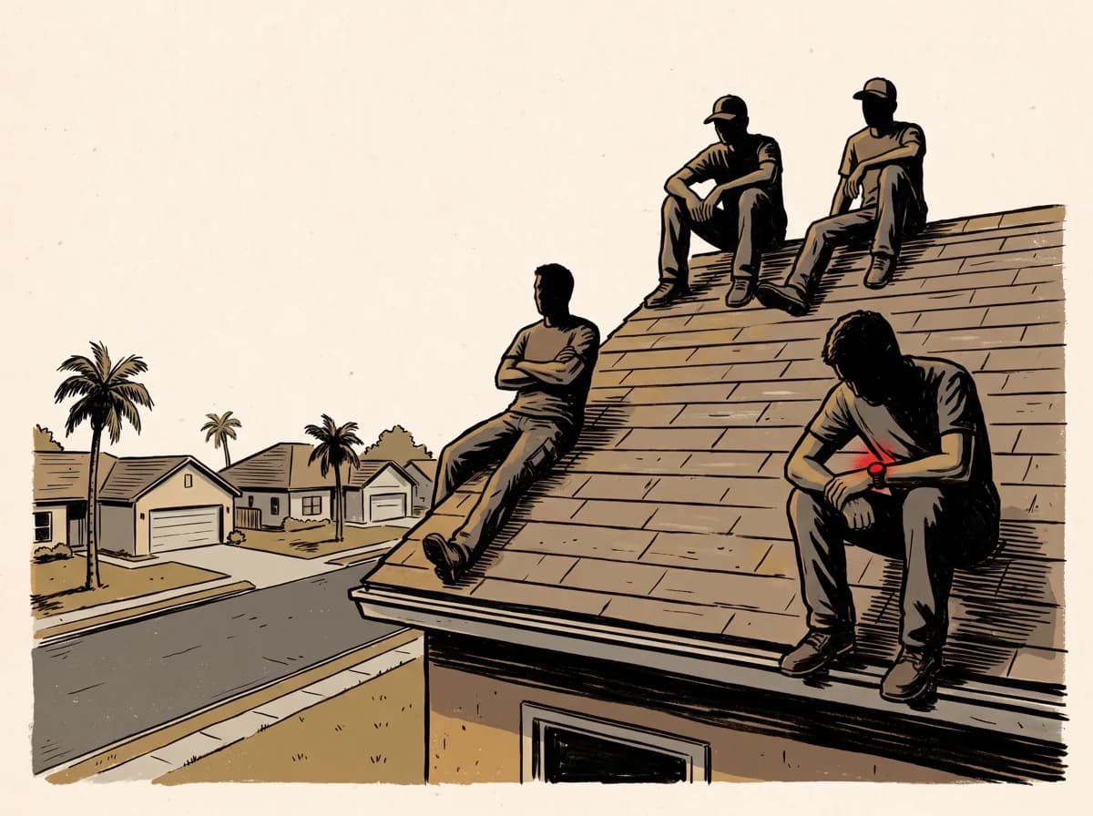 Roofing crew sitting idle on a bare roof waiting for a late tile delivery