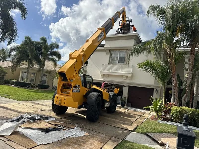 Tile being set and distributed on the rooftop