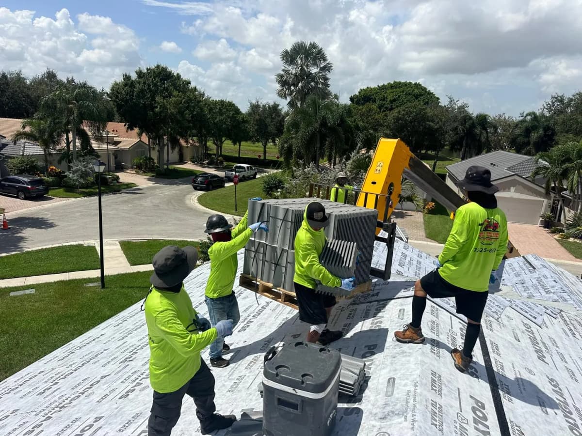 Tile being set and distributed on the rooftop